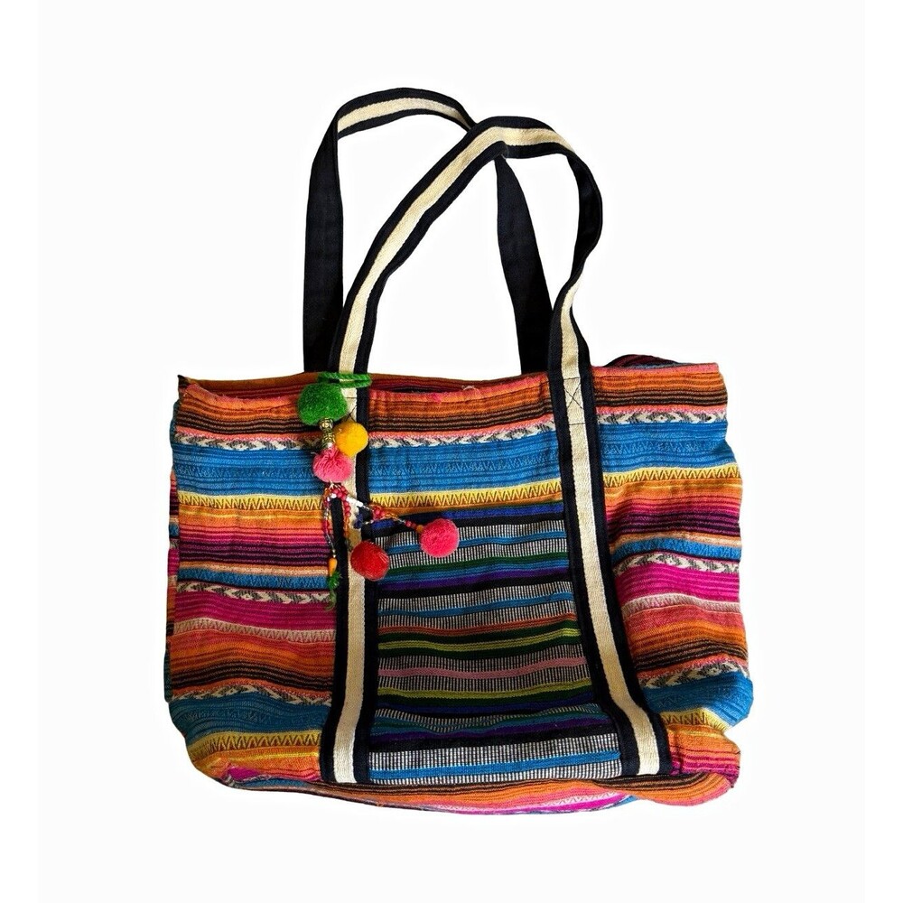 Multicolor Striped Woven Tote Bag Zip Top Pom Pom Charm Lined 16x12x5"